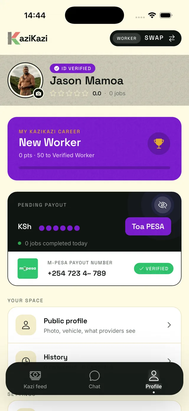 Verified M-Pesa payout on your KaziKazi profile
